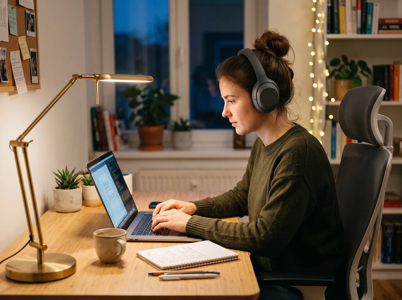 Mulher no computador de casa, à noite, respondendo o teste
