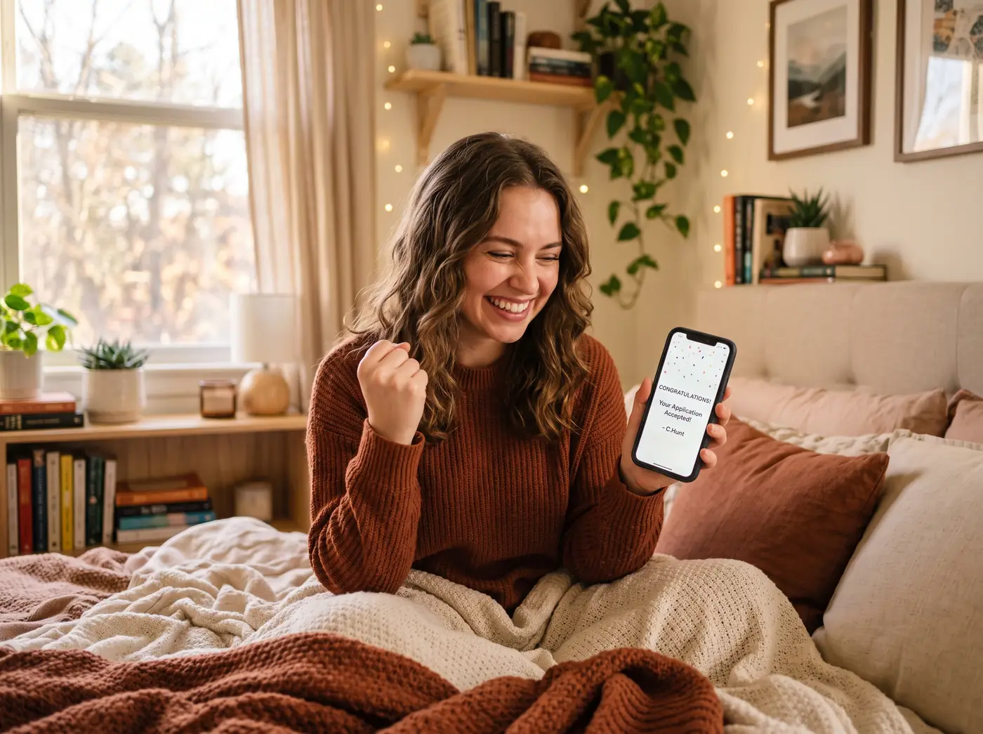 Candidata comemorando ao receber a resposta de uma vaga no celular