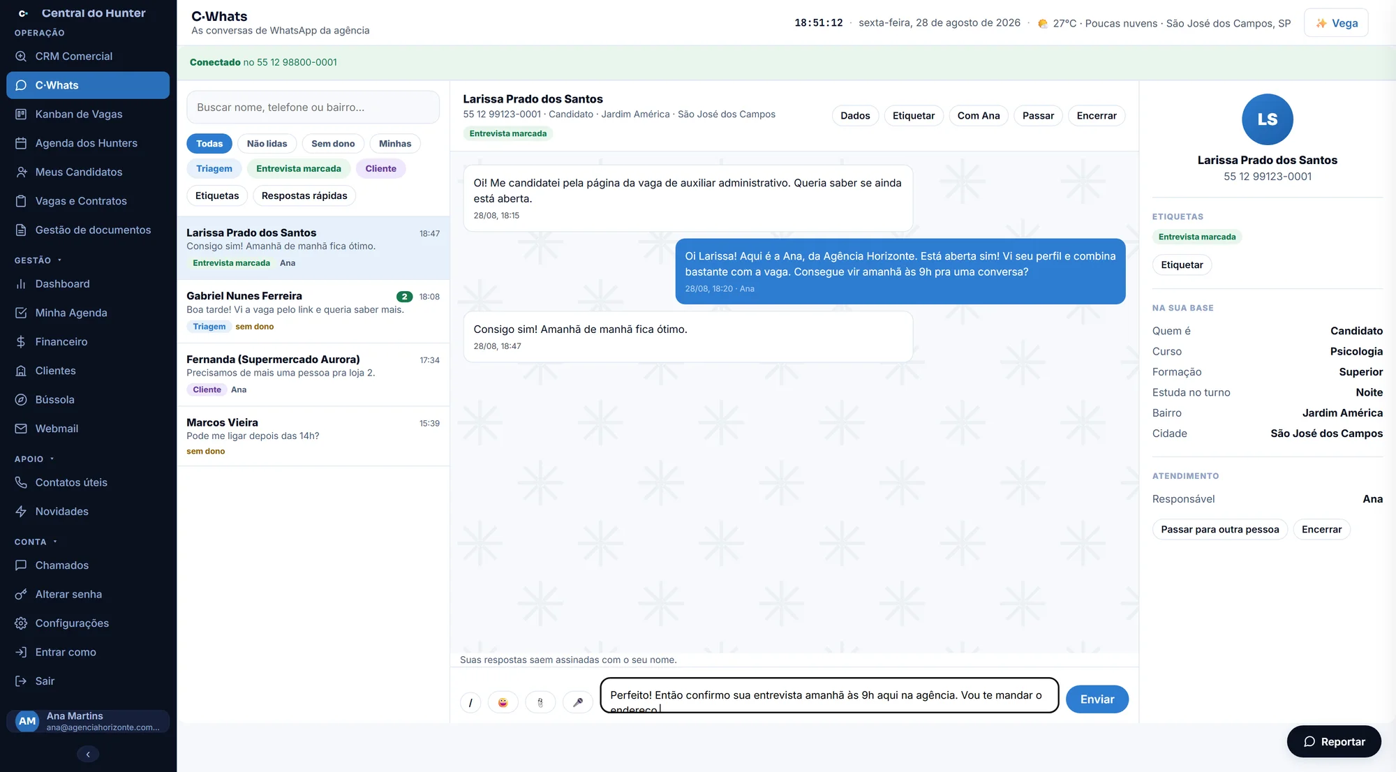 Tela do C·Whats com a conversa ligada à ficha do candidato